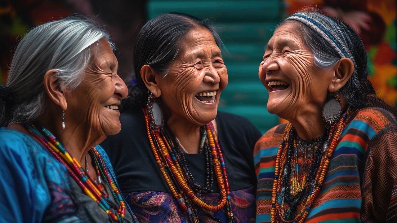Close-ups of three older women laughing.
