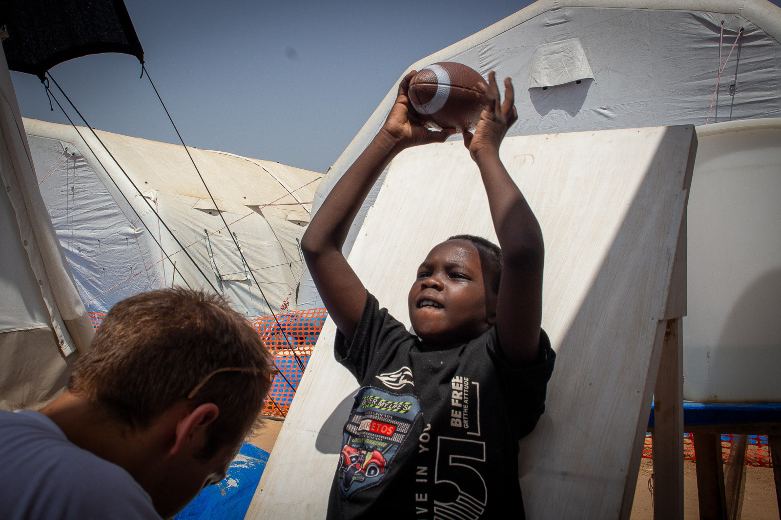   Abdellatif, 9, was injured by gunfire while playing outside his house in Sudan. He is working hard to regain feeling and mobility in his legs through intensive rehabilitation sessions, supported by HI’s team in eastern Chad.