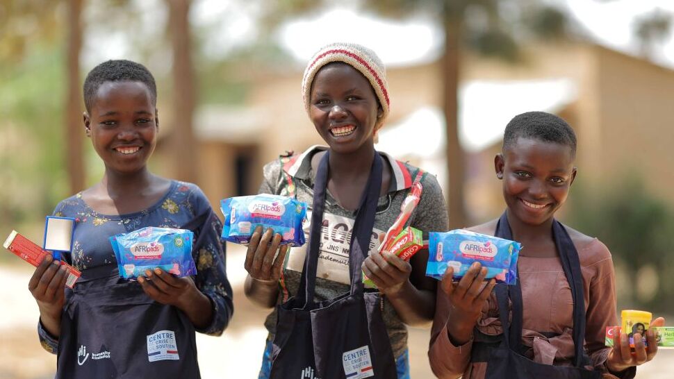 Girls in Nakivale refugee camp, Uganda, receive sanitary products from Humanity & Inclusion