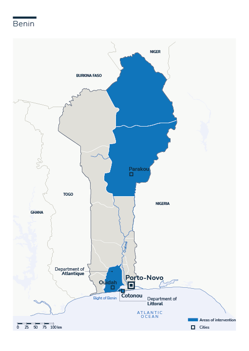 Map of HI's interventions in Benin