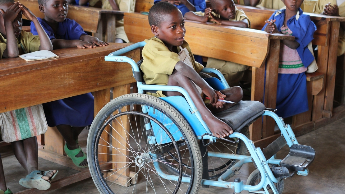 This child received a wheelchair as part of the HI Inclusive Education programme and this has enabled him to attend school for the first time - RWANDA 2014. 