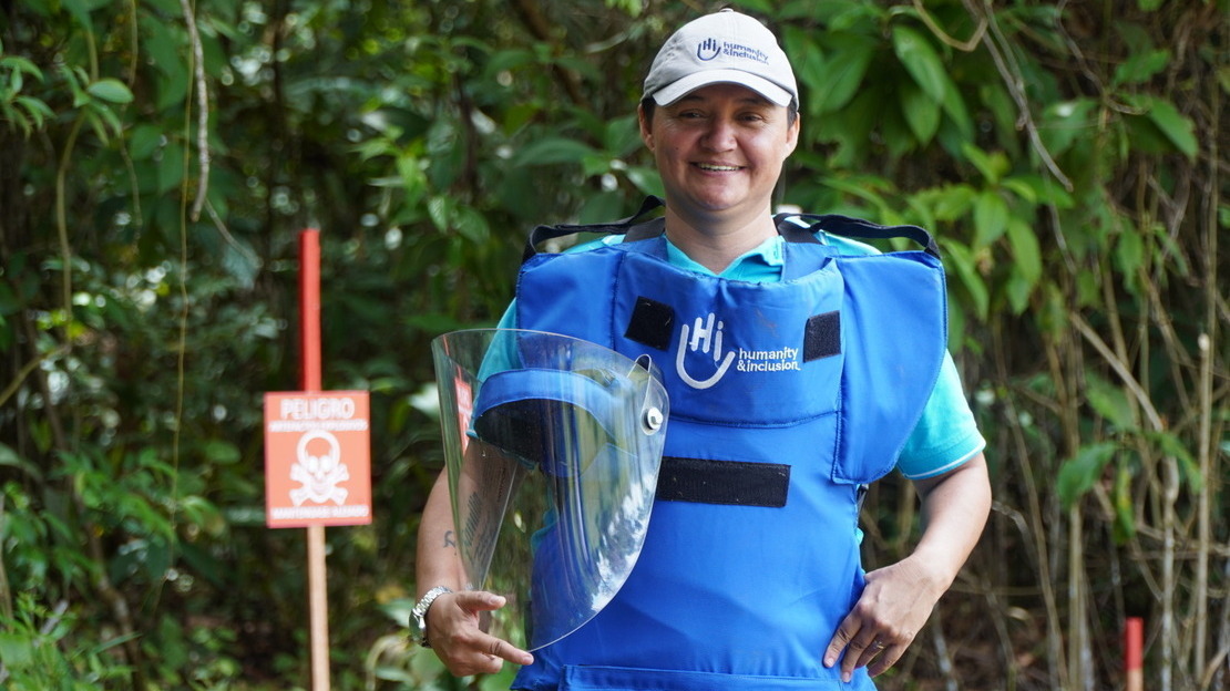 Marta Quintero in her demining gear, Chaparral region of Colombia, September 2022.