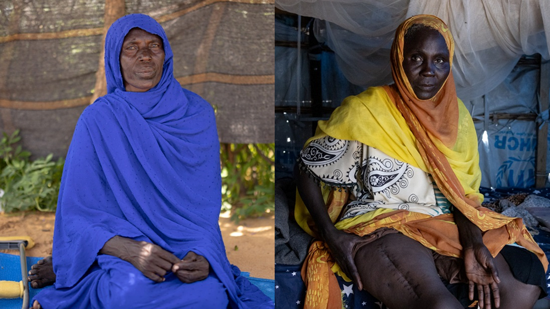  Two refugee women are sitting and staring ahead.
