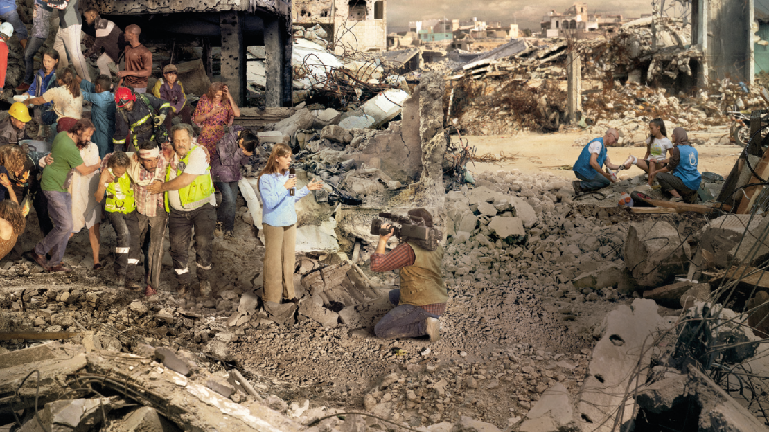 A journalist reporting on a scene of a bomb blast