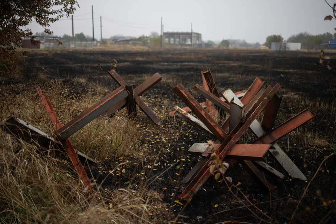 General view of the south of the city of Dnipro with fields and military fences pictured. October 2023