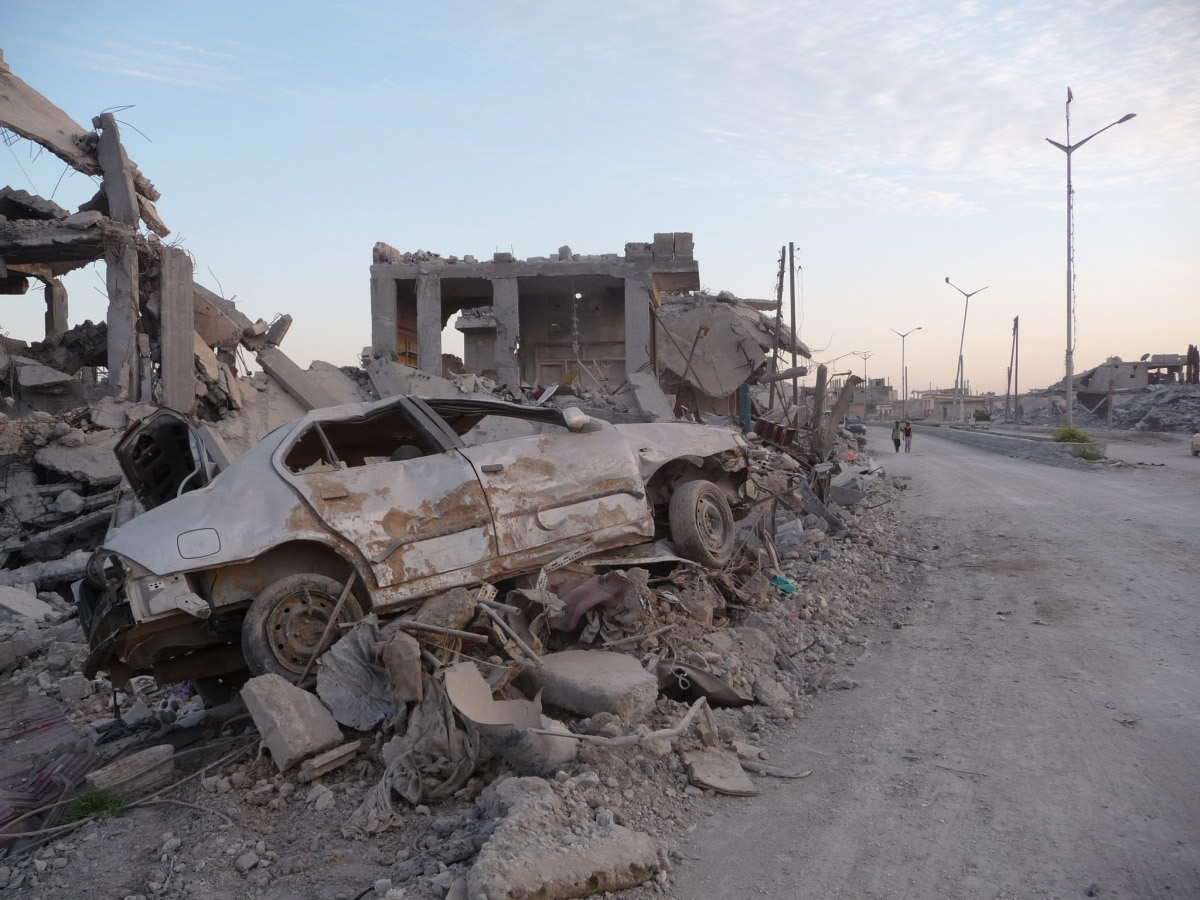 Destruction in the city of Kobané, Syria contaminated by explosive remnants of war.