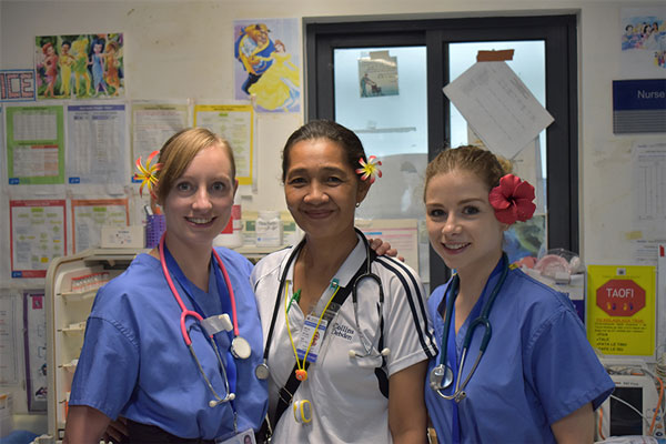 Susie Wolstenholme and Maeve Tohill with Samoan physiotherapist, Rube