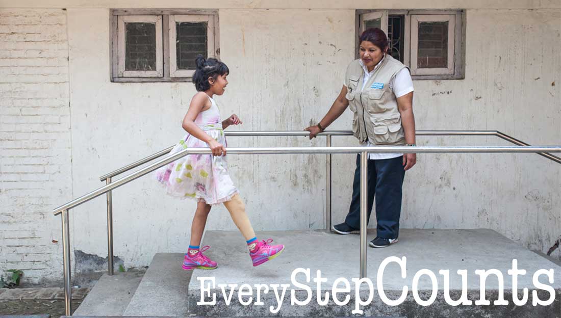 Nirmala learning to walk again with a prosthesis, Nepal