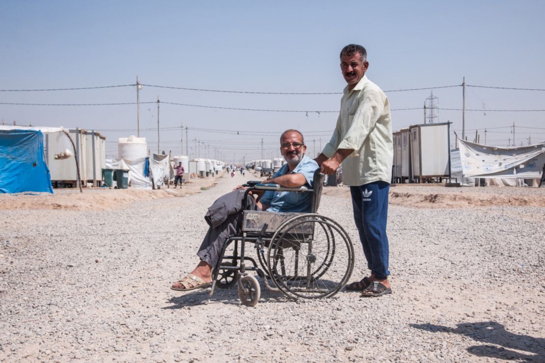 A man displaced from Mosul who lost his leg during an artillery strike. He is beneficiary of psychosocial support services from HI and he received a tent.