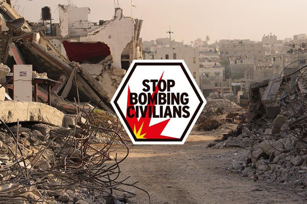 Picture of destruction in Gaza with Stop Bombing Civilians logo