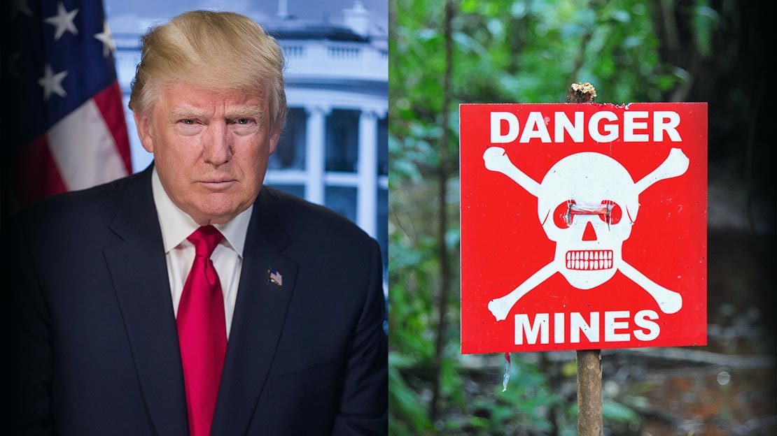 Montage of Donald Trump and a Danger Mines sign