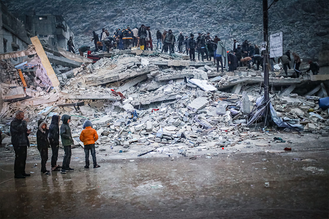 A view of debris of a collapsed building after the earthquake that shakes Idlib, Syria on February 06, 2023. 