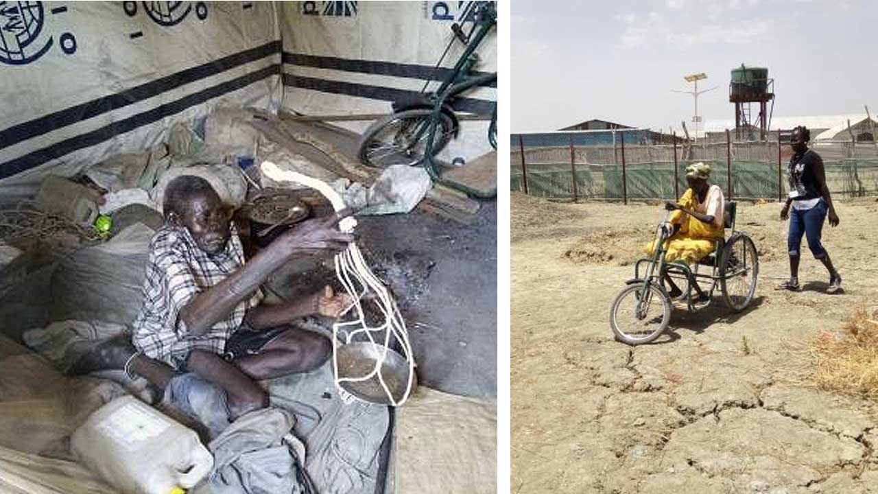 Ugok weaving a dish hanger to sell, and Mary using her hand tricycle, Malakal, South Sudan; }}