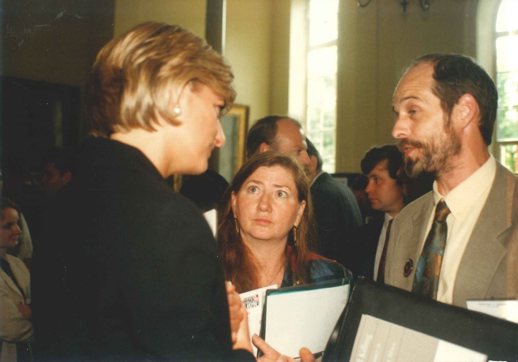 Lady Diana with ICBL campaigner Susan B. Walker at centre of the picture – February 1997. ; }}