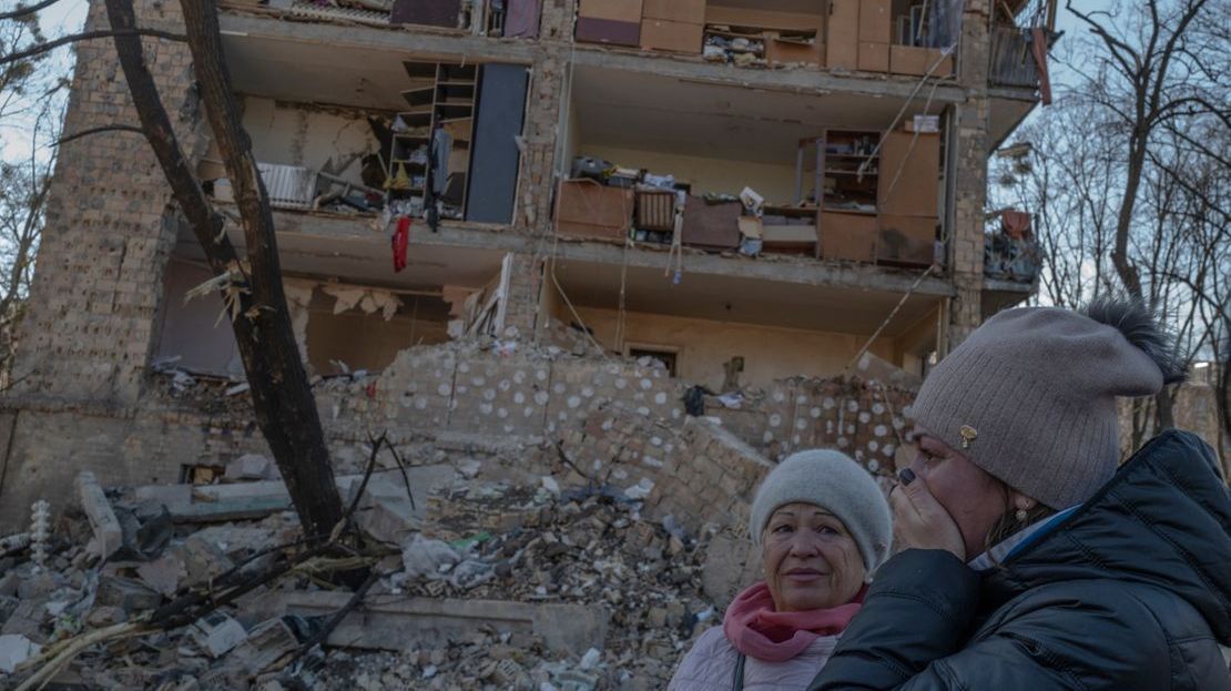 Damage to residential buildings from bombing and shelling. Kiev, Ukraine.; }}