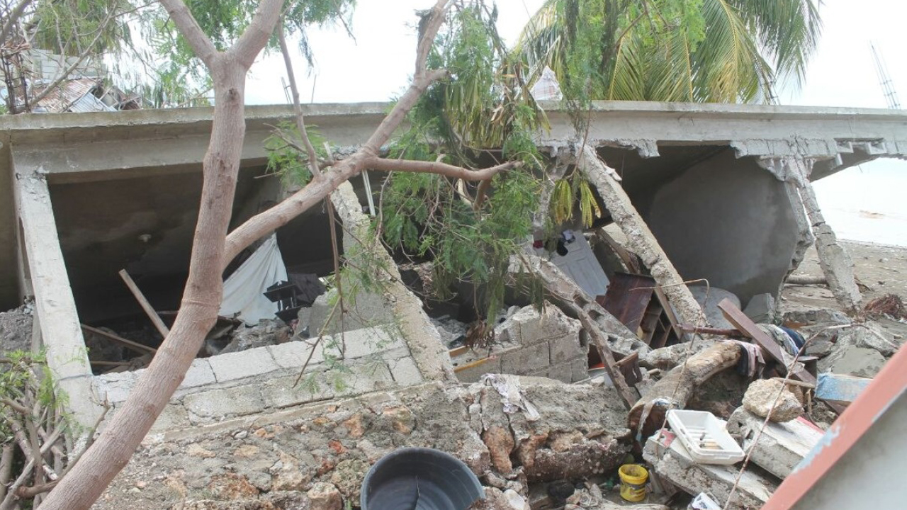 Destroyed home in southern Haiti; }}