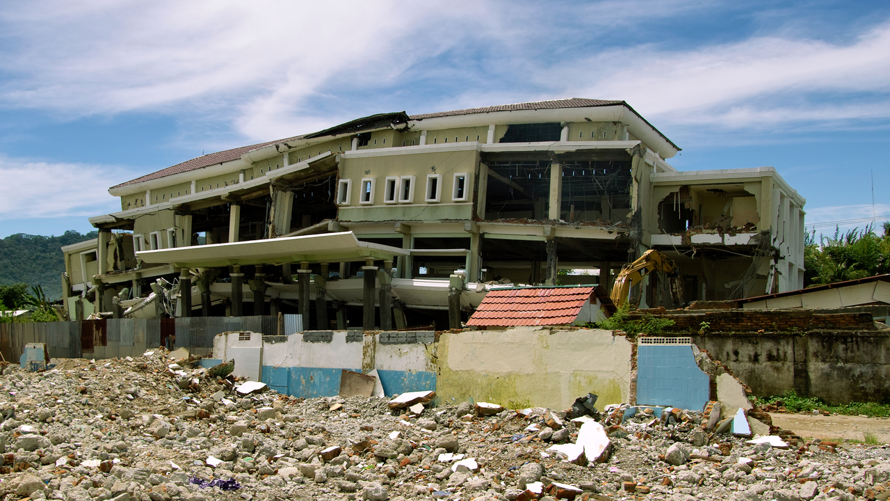 Destroyed building after the earthquake of September 2009 in Padang, on Sumatra Island, in Indonesia. ; }}