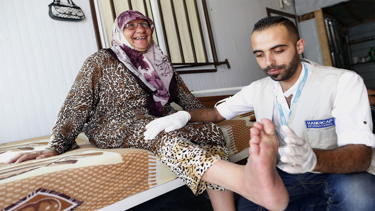 After 8 months living in Zaatari refugee camp Ebtesam fractured her hip. Ebtesam had several rehabilitation sessions with a Handicap International physiotherapist and was given a walking frame and stick. Jordan; }}