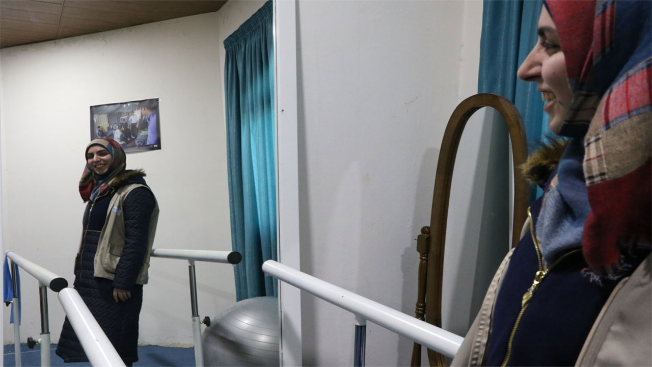 Zeinab at a Handicap International rehabilitation centre in the Bekaa Valley. Lebanon.; }}