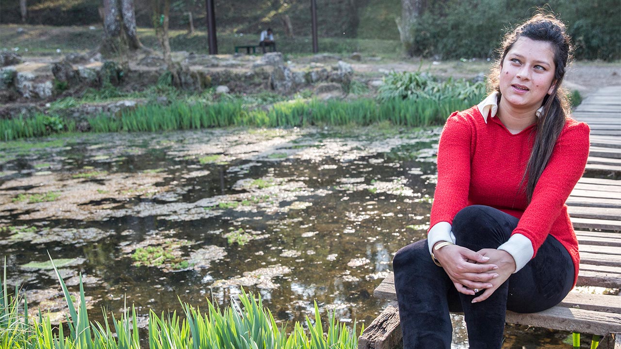 Uma Silwal, 18, lost a leg in the 2015 Nepal earthquake. She received care at the National Disabled Fund, a local rehabilitation centre supported by Handicap International.; }}