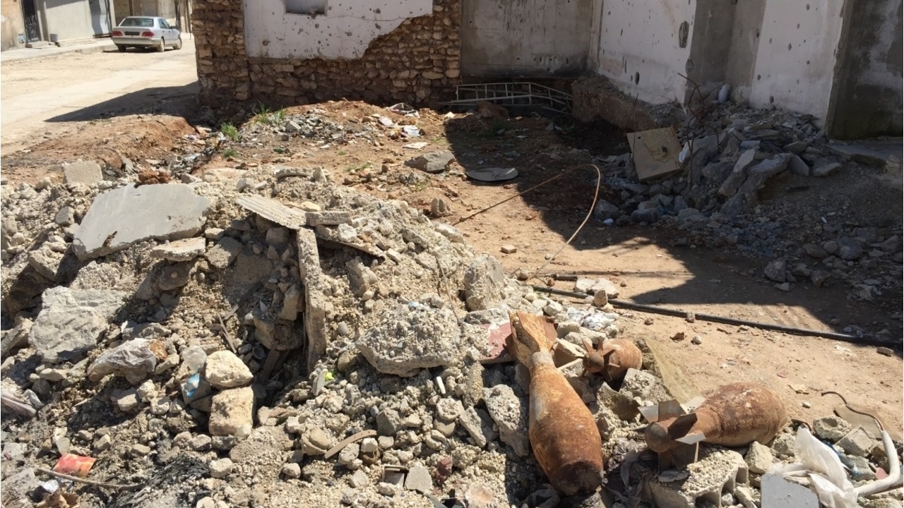 Unexploded ordnance in Kobane, Syria; }}