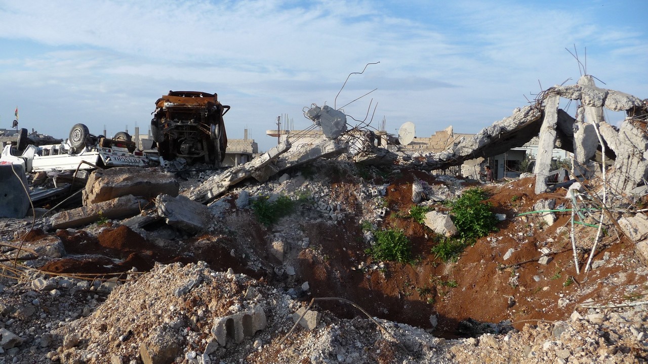 Destruction in the city of Kobani, Syria.; }}