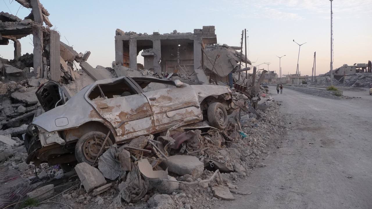 Destruction in the city of Kobani, Syria.; }}