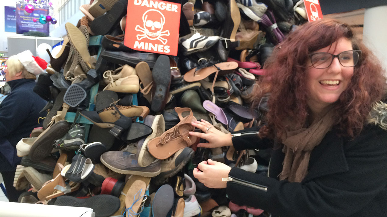 A Pyramid of Shoes at a shopping centre in Chelmsford organised as part of the 2014 Forgotten 10 Challenge.; }}