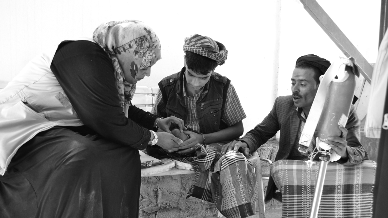 CALP hospital, Sana’a, in March 2017: A 16 year old patient, whose leg was amputated after he was injured in a shooting. ; }}