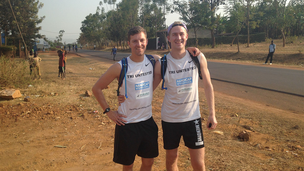 Journey's end: Patrick and Doug by the roadside in Rwanda as they came to the end of their challenge.
