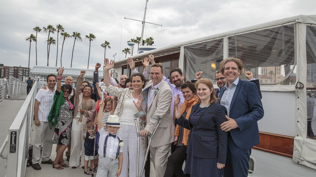 Gary and Sonja with friends and family before boarding Hornblower, San Diego Bay, USA.