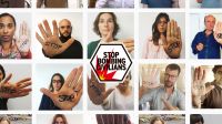 Stop Bombing Civilians logo with gallery of selfie images